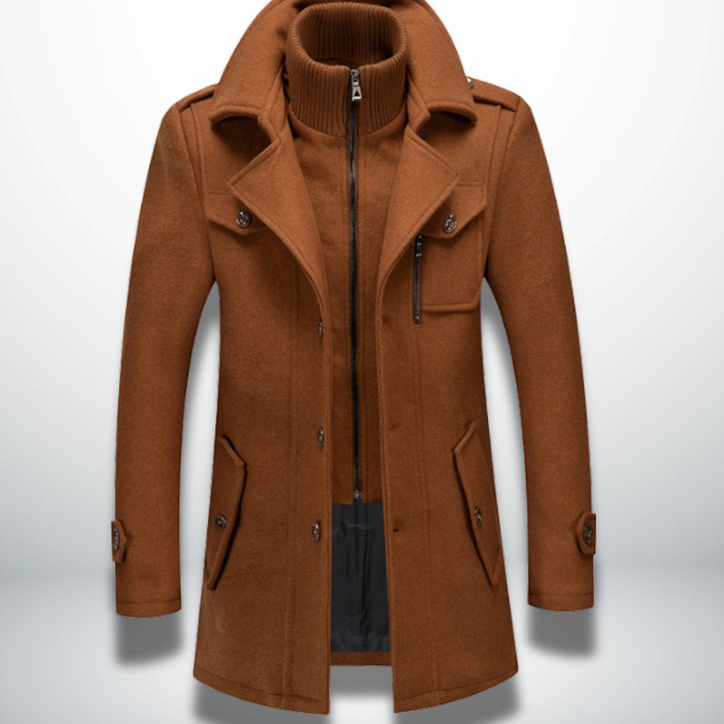 Men's Double-Layer Notch-Collar Button-Front Wool-Blend Overcoat - Camel