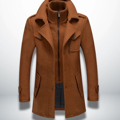 Men's Double-Layer Notch-Collar Button-Front Wool-Blend Overcoat - Camel