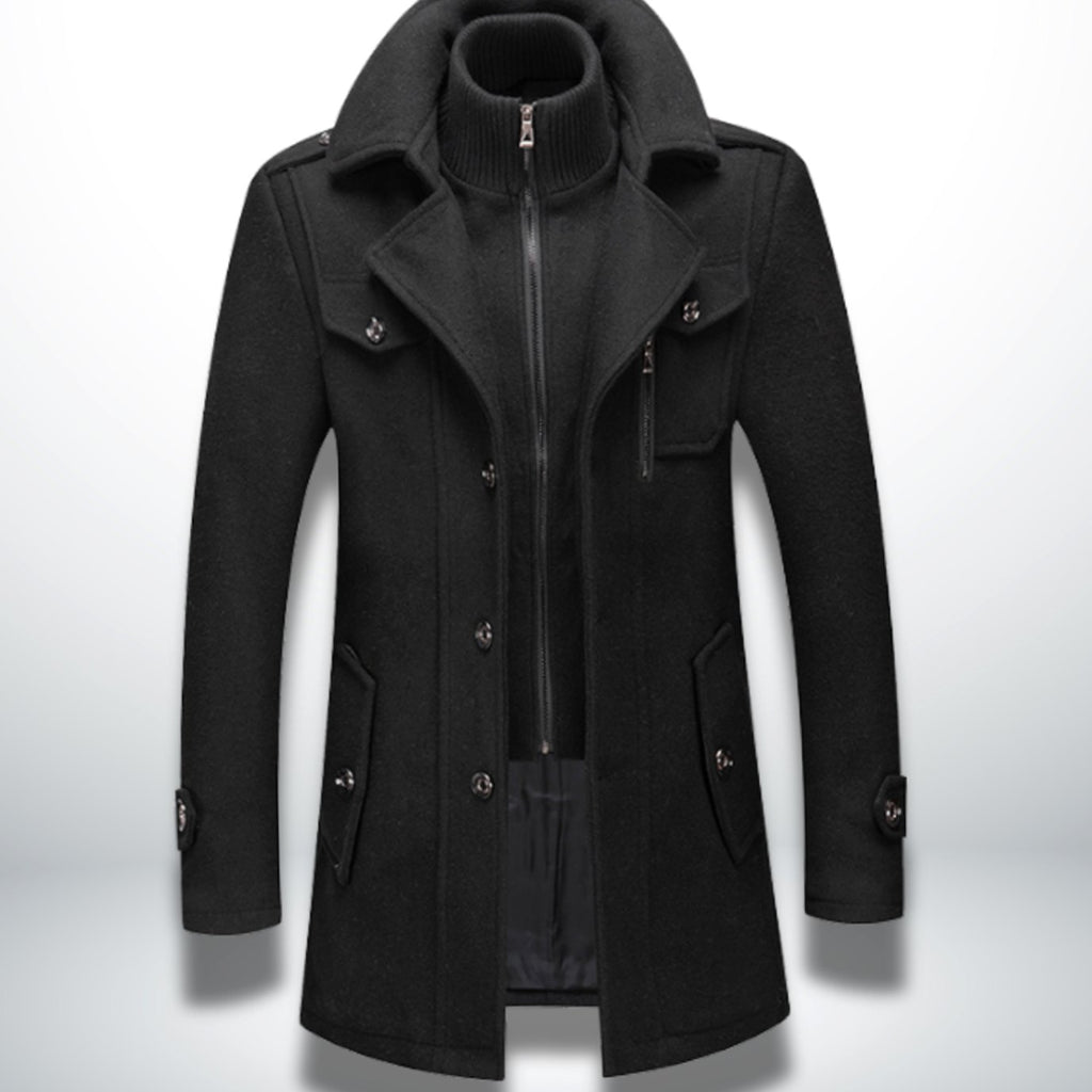 Men's Double-Layer Notch-Collar Button-Front Wool-Blend Overcoat - Black