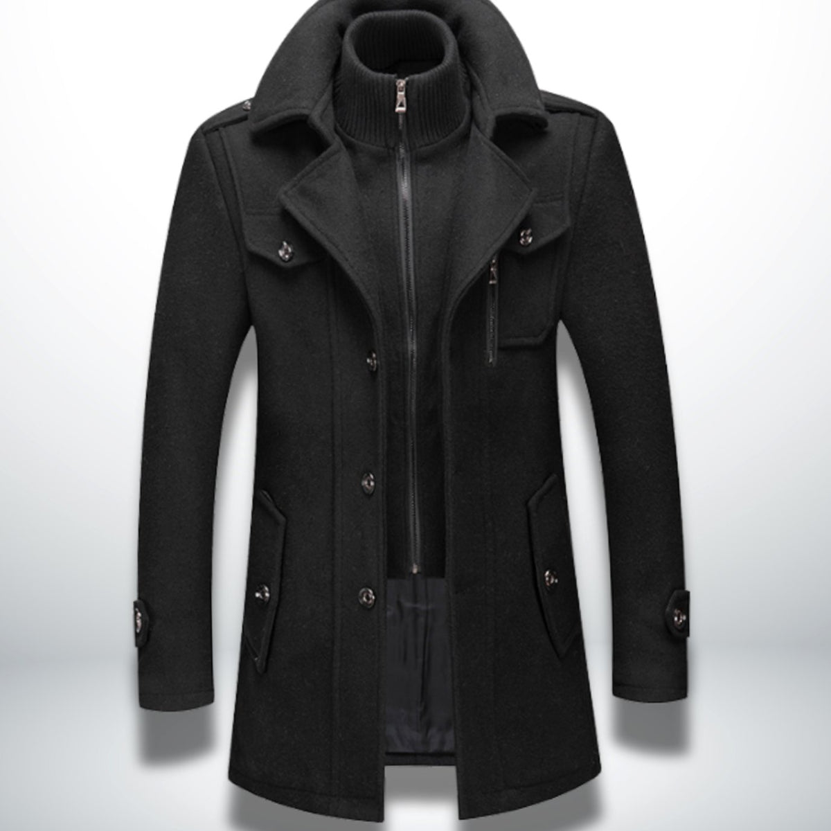 Men's Double-Layer Notch-Collar Button-Front Wool-Blend Overcoat - Black