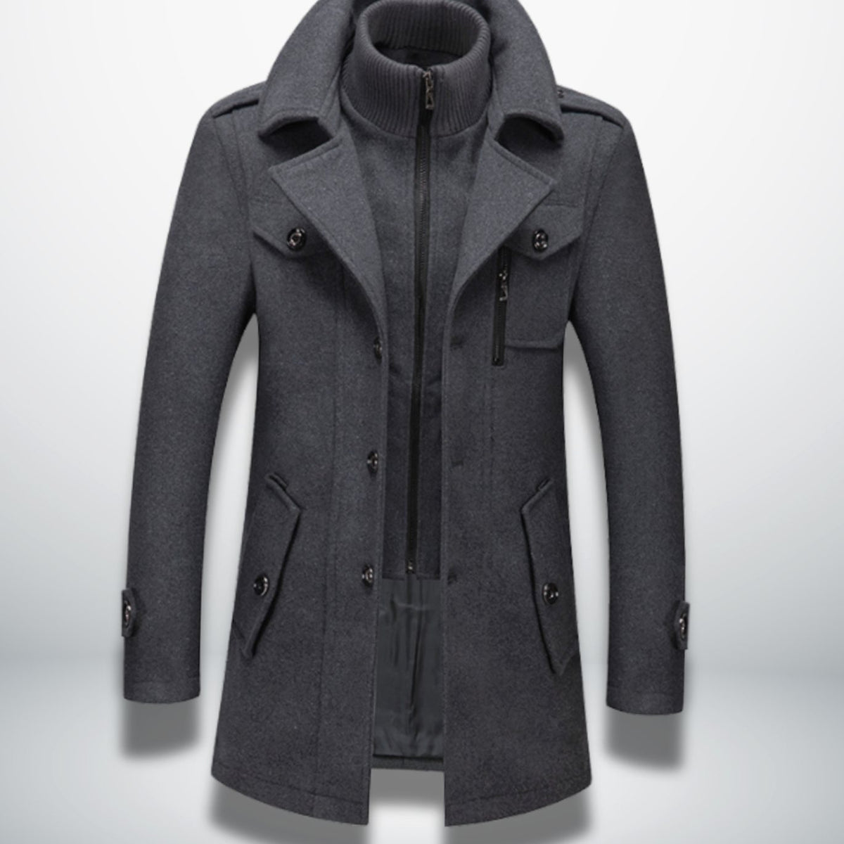Men's Double-Layer Notch-Collar Button-Front Wool-Blend Overcoat - Gray