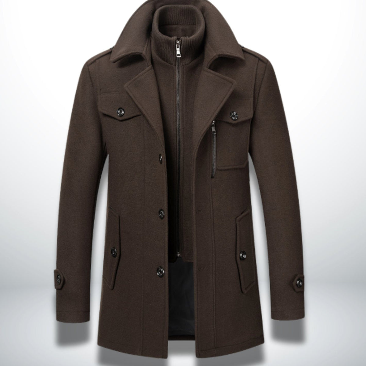 Men's Double-Layer Notch-Collar Button-Front Wool-Blend Overcoat - Brown
