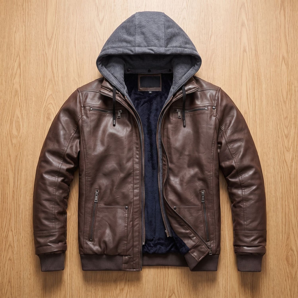Men's Faux Leather Hooded Insulated Winter Jacket - Dark Brown