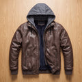 Men's Faux Leather Hooded Insulated Winter Jacket - Dark Brown