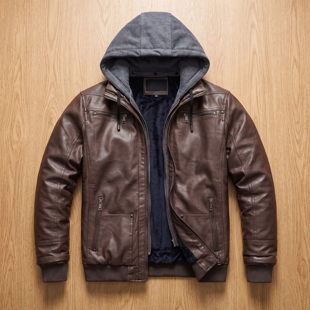 Men's Faux Leather Hooded Insulated Winter Jacket - Dark Brown