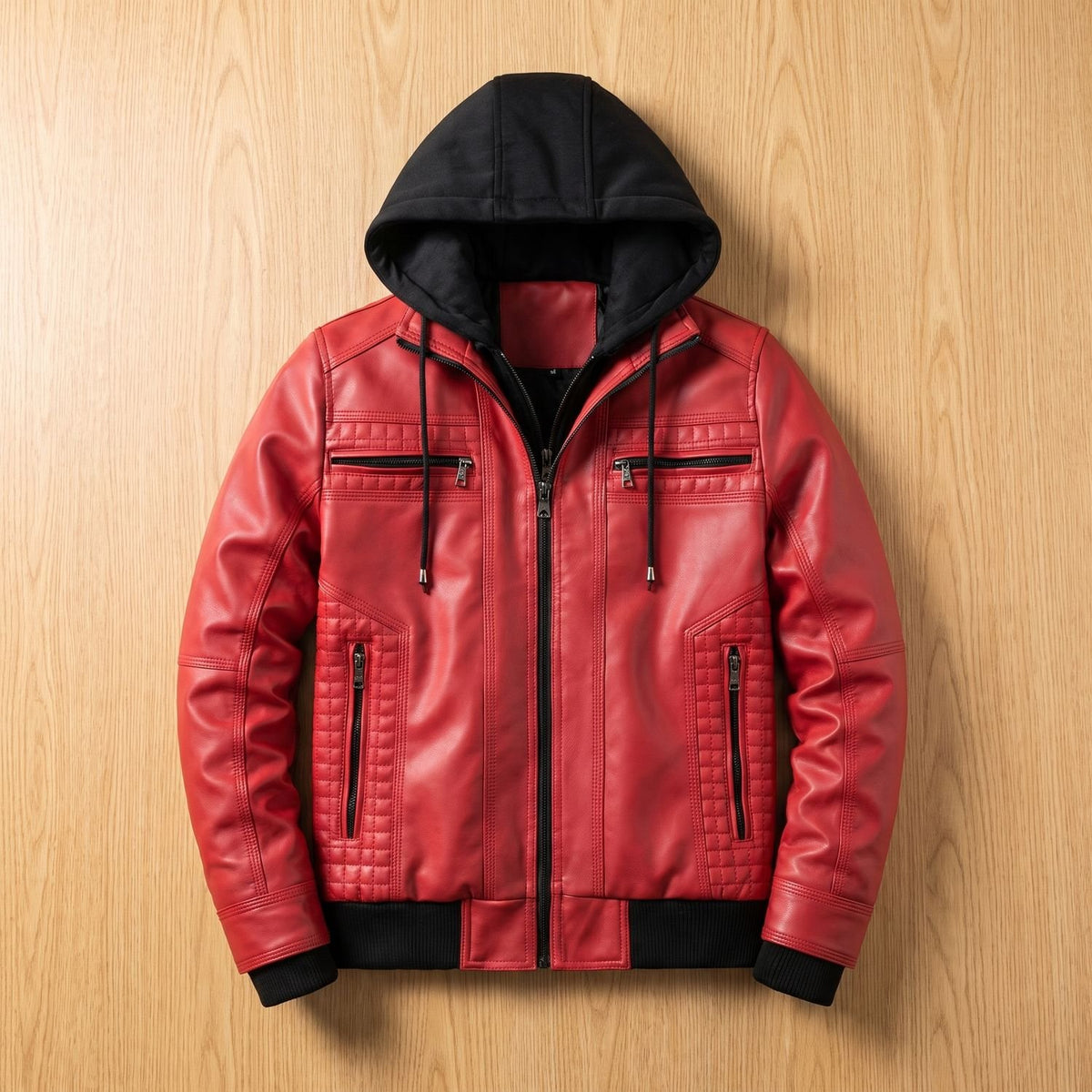 Men's Faux Leather Hooded Insulated Winter Jacket - Red