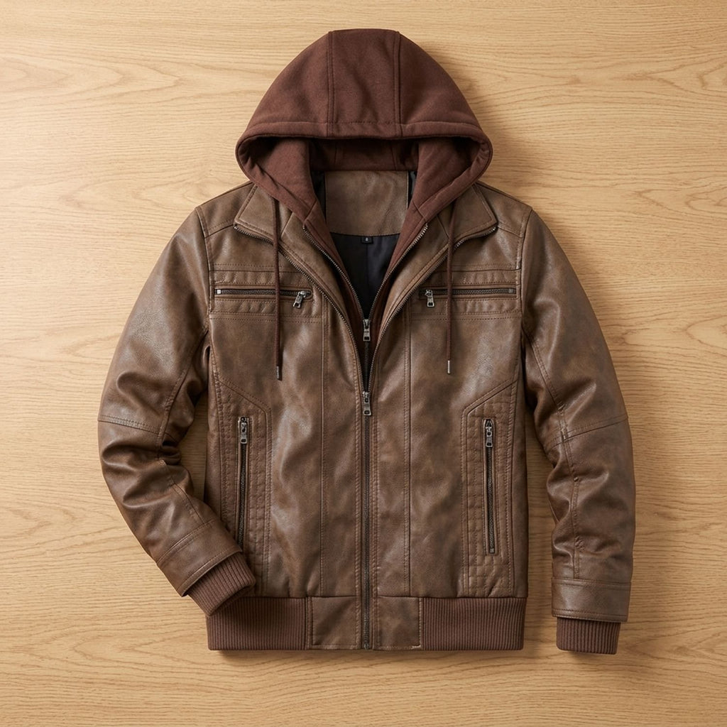 Men's Faux Leather Hooded Insulated Winter Jacket - Brown