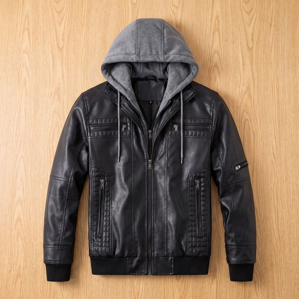 Men's Faux Leather Hooded Insulated Winter Jacket - Black