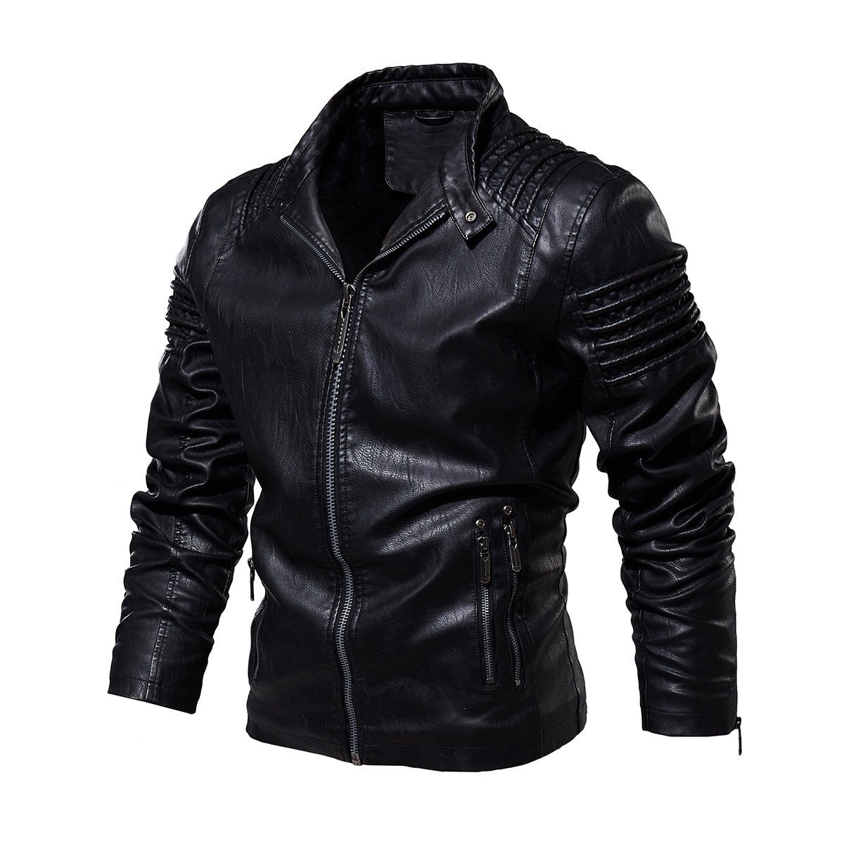 Men's Faux Leather Jacket Structured Shoulder Moto Biker Style - Black