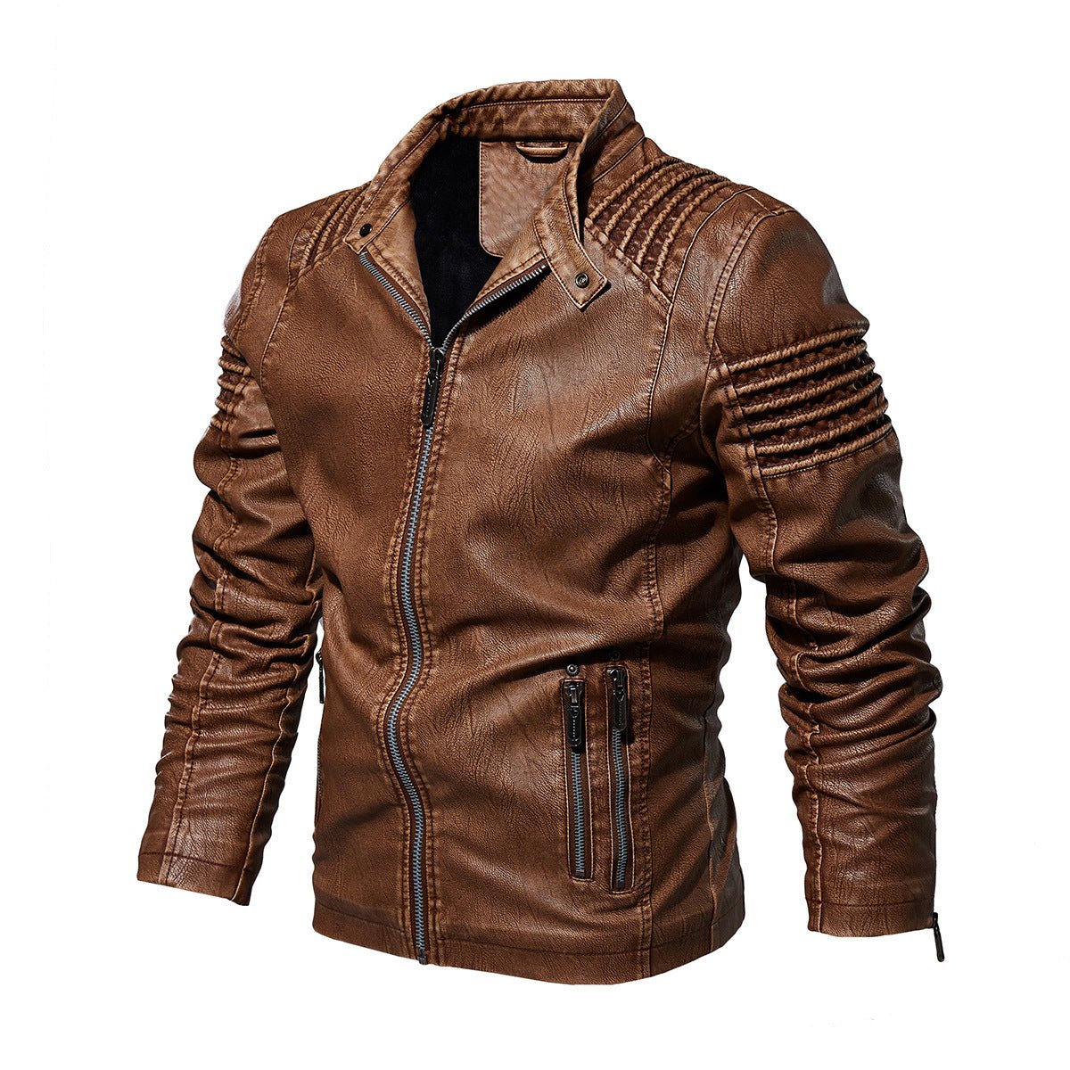 Men's Faux Leather Jacket Structured Shoulder Moto Biker Style - Khaki