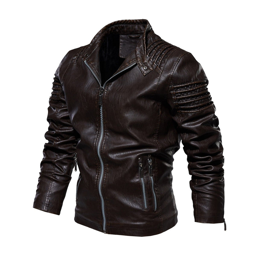 Men's Faux Leather Jacket Structured Shoulder Moto Biker Style - Brown