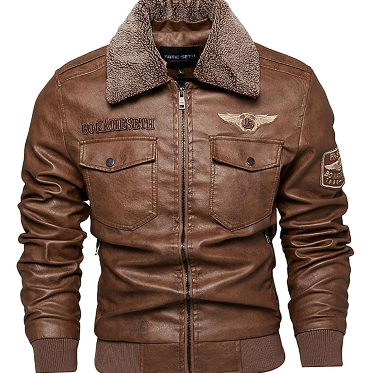 Men's Faux Leather Sherpa-Collar Aviator Bomber Jacket - Brown