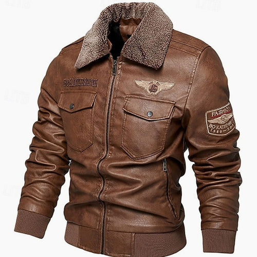 Men's Faux Leather Sherpa-Collar Aviator Bomber Jacket