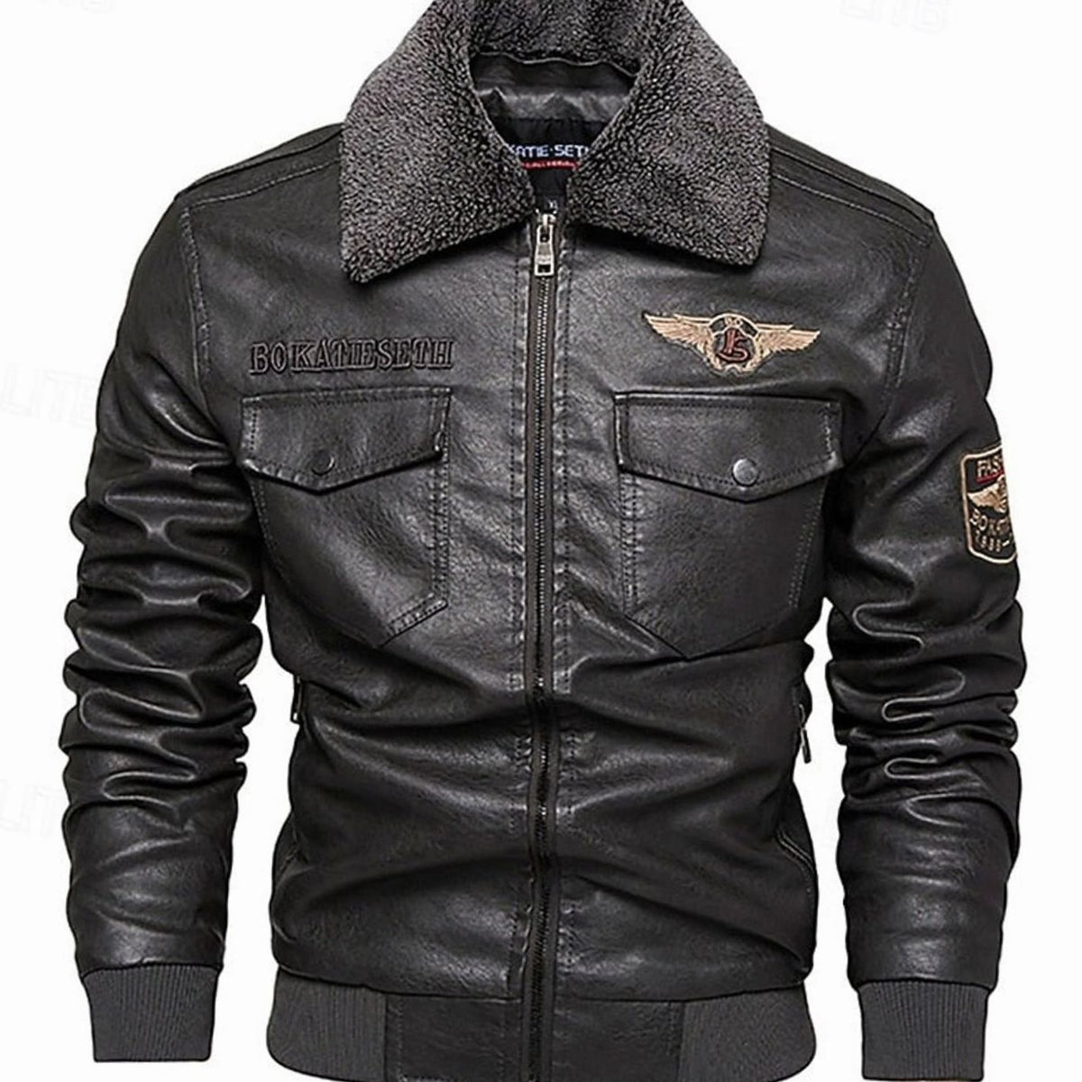Men's Faux Leather Sherpa-Collar Aviator Bomber Jacket - Gray
