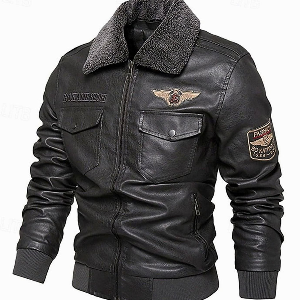 Men's Faux Leather Sherpa-Collar Aviator Bomber Jacket