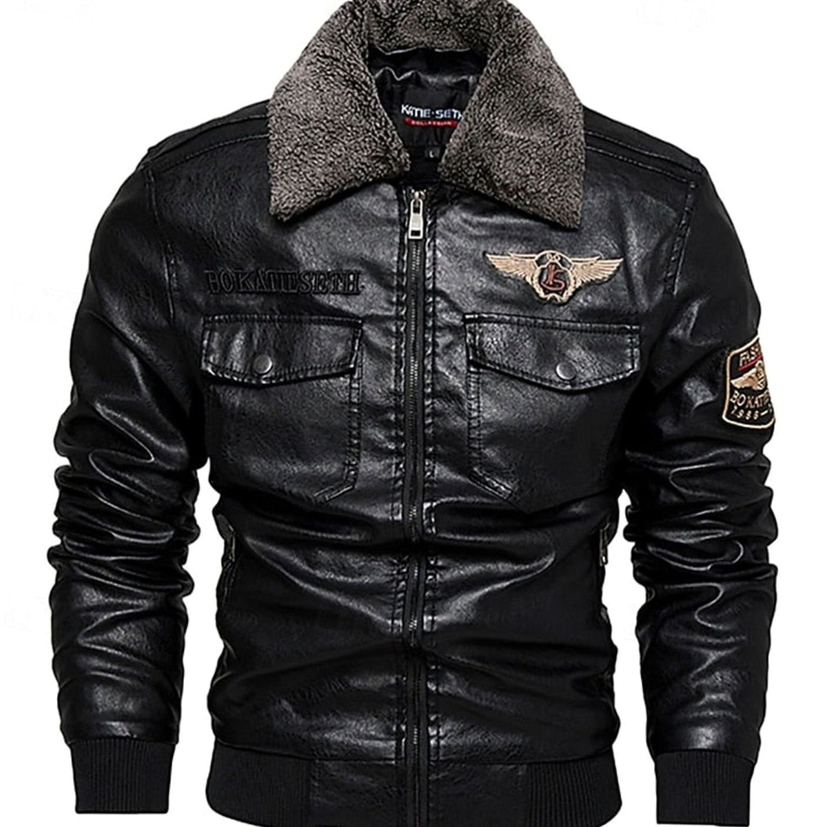 Men's Faux Leather Sherpa-Collar Aviator Bomber Jacket - Black