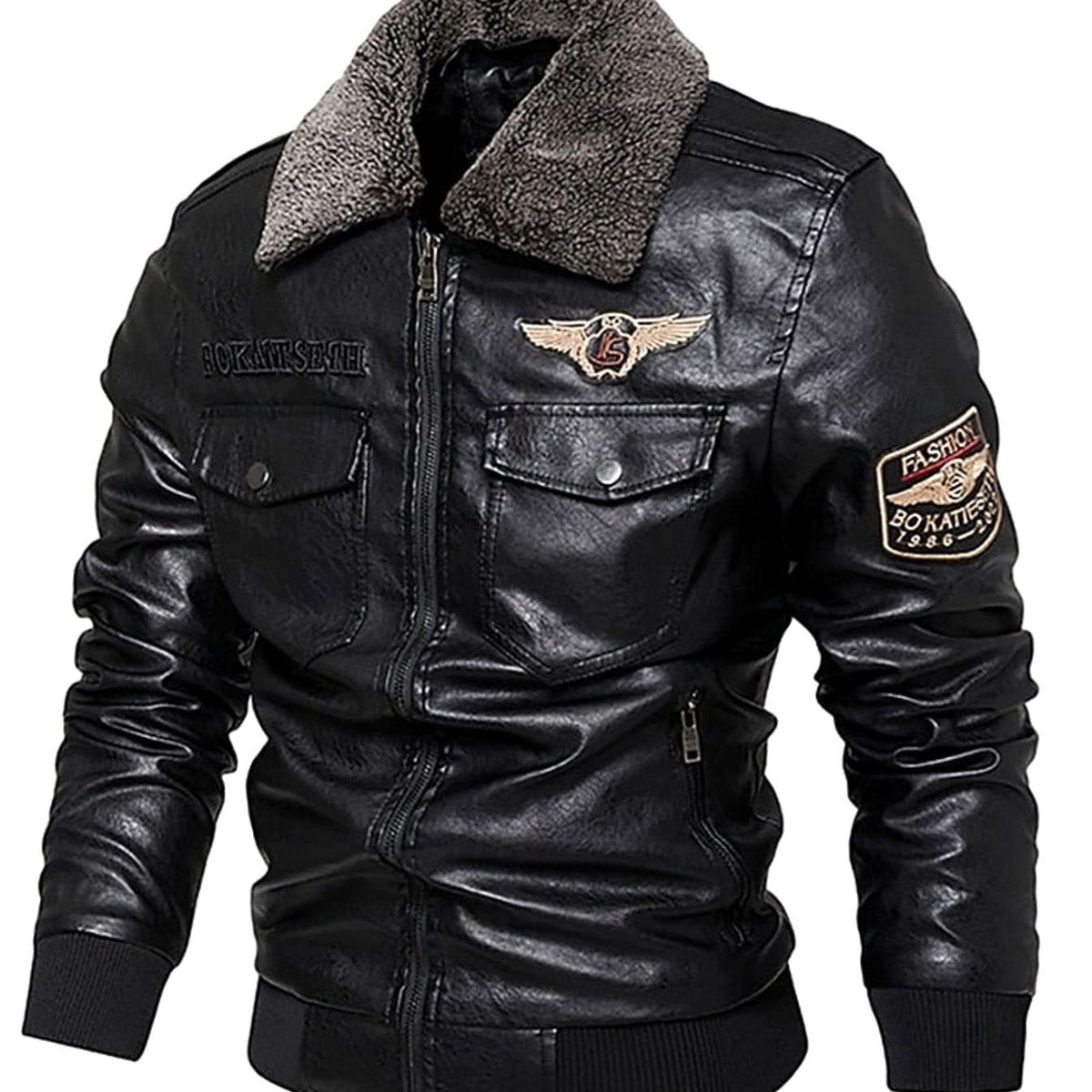 Men's Faux Leather Sherpa-Collar Aviator Bomber Jacket