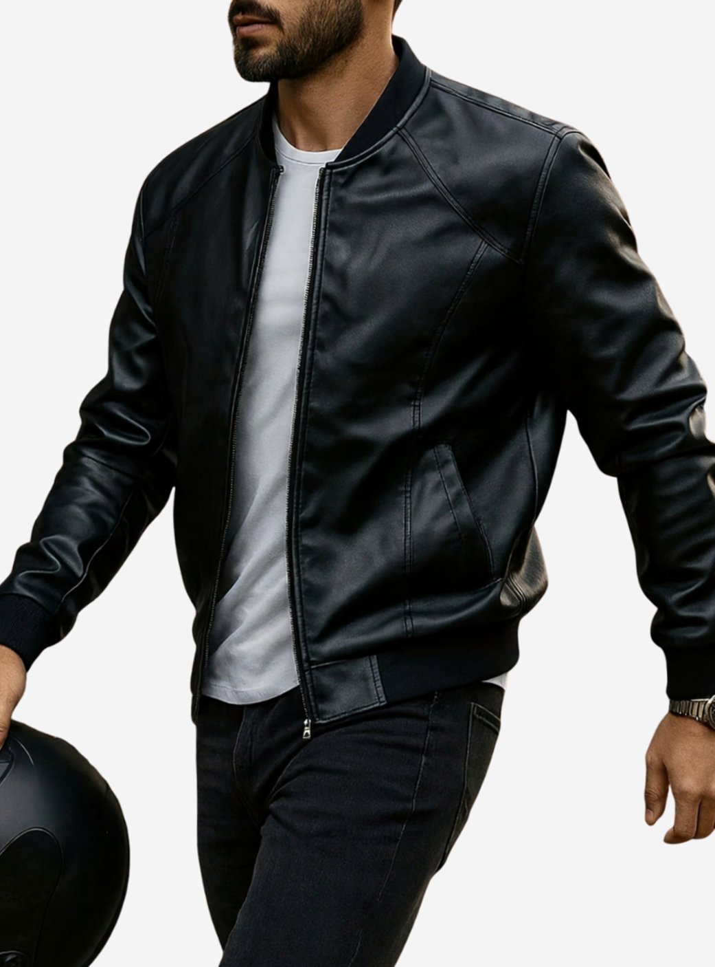 Men's Faux Leather Zip-Up Bomber Jacket