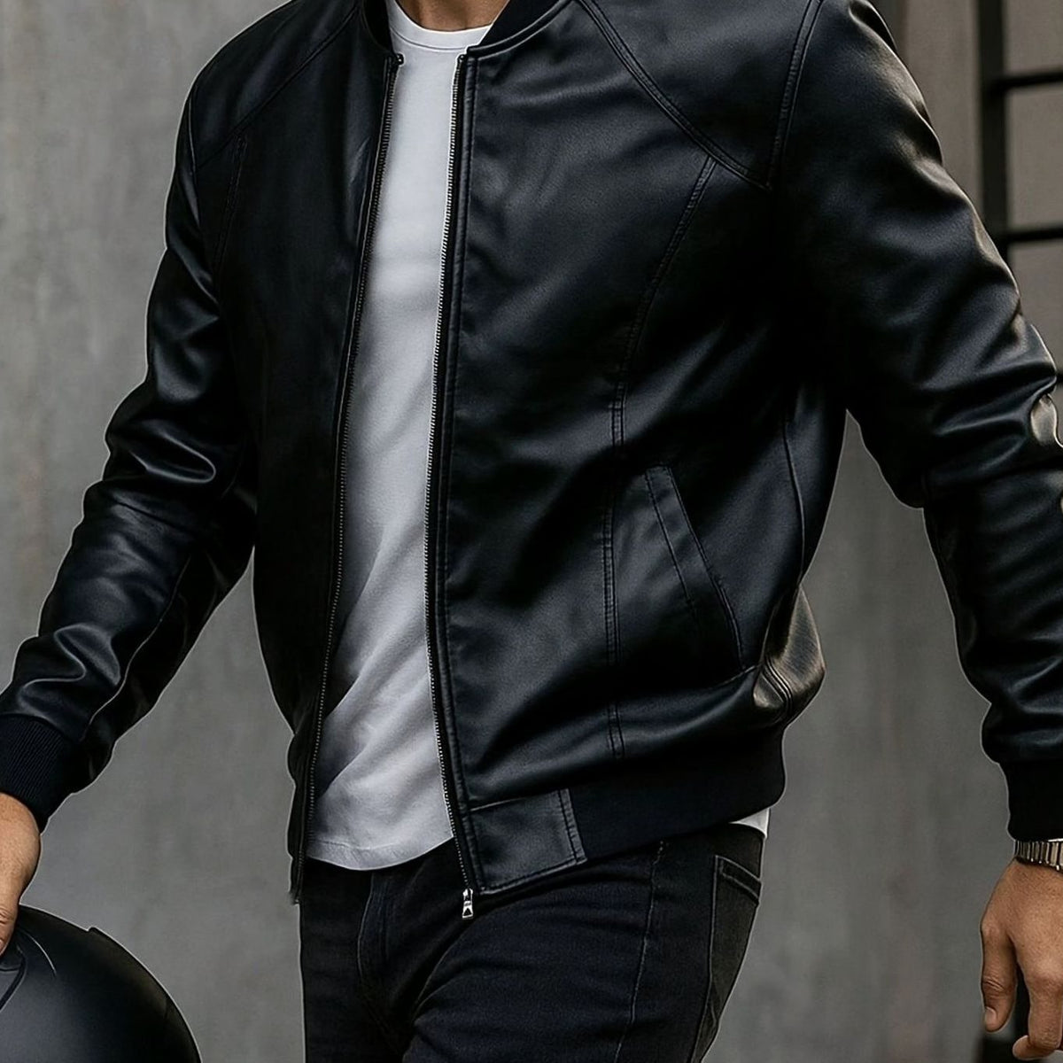 Men's Faux Leather Zip-Up Bomber Jacket