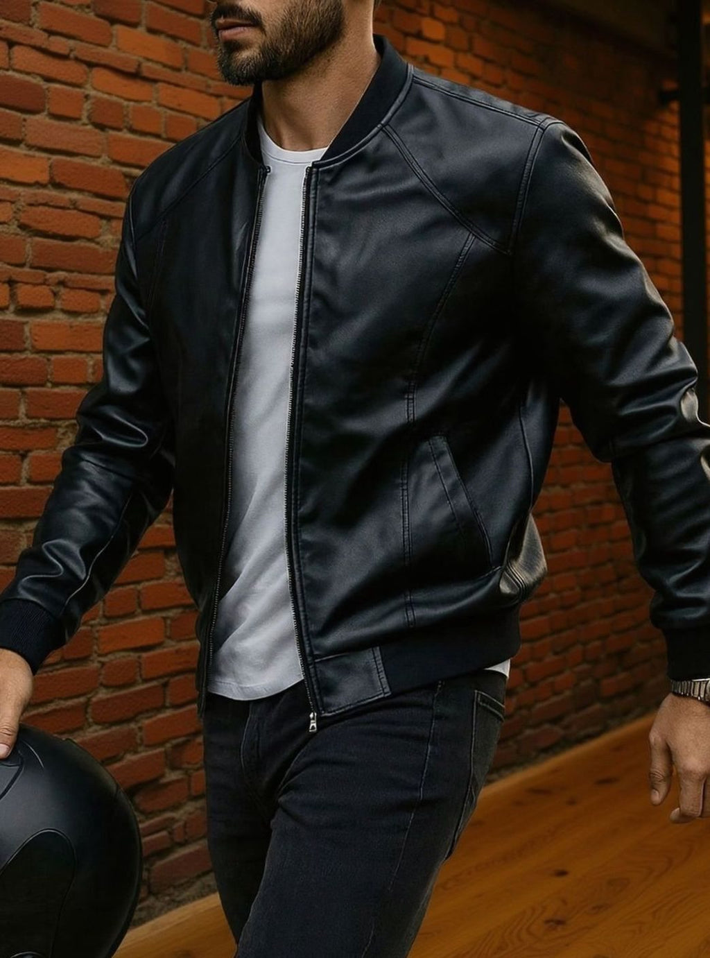 Men's Faux Leather Zip-Up Bomber Jacket - Black