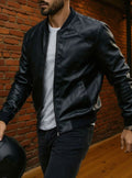 Men's Faux Leather Zip-Up Bomber Jacket - Black