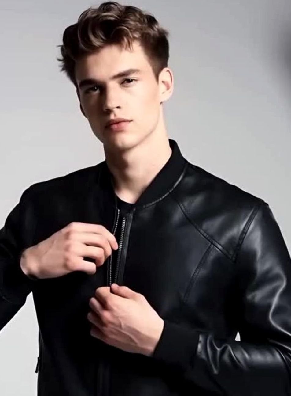 Men's Faux Leather Zip-Up Bomber Jacket