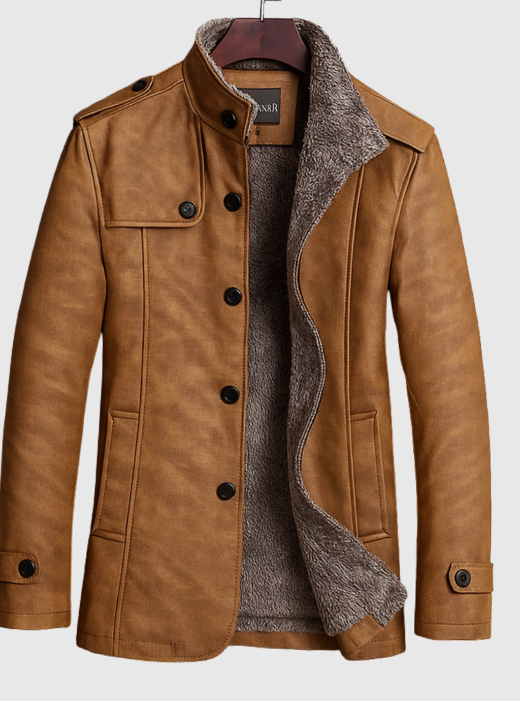 Men's Fleece-Lined Faux Suede Stand-Collar Button-Up Jacket