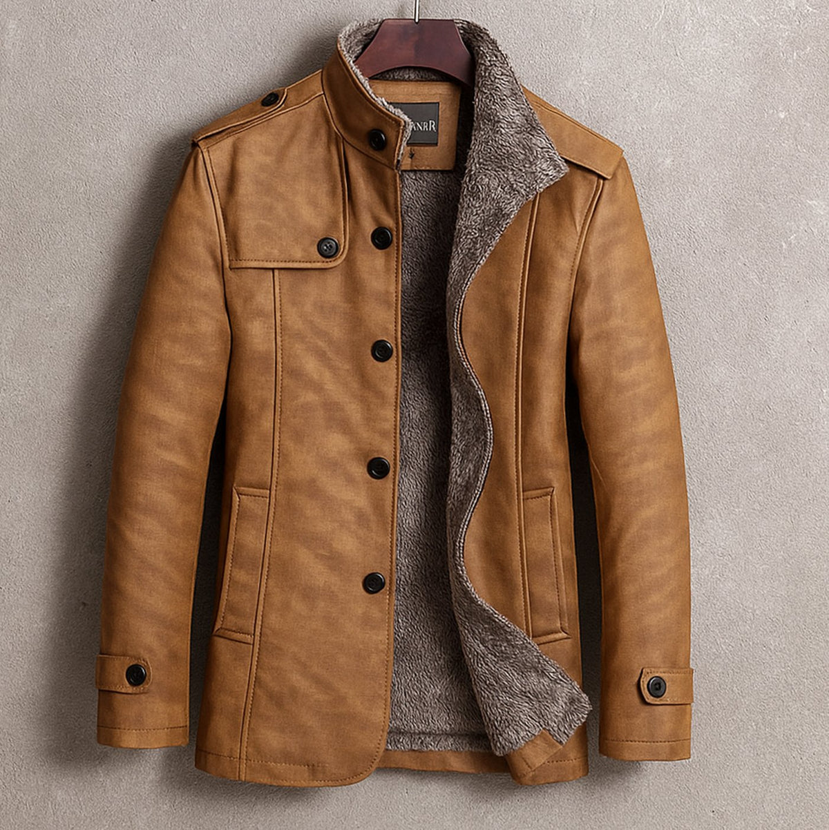 Men's Fleece-Lined Faux Suede Stand-Collar Button-Up Jacket - Brown
