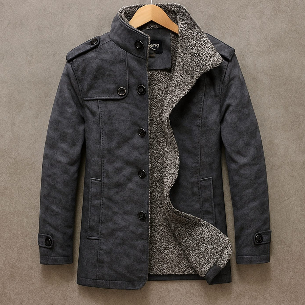 Men's Fleece-Lined Faux Suede Stand-Collar Button-Up Jacket - Gray
