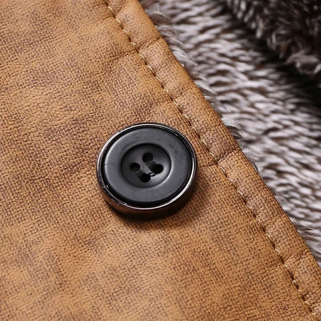 Men's Fleece-Lined Faux Suede Stand-Collar Button-Up Jacket