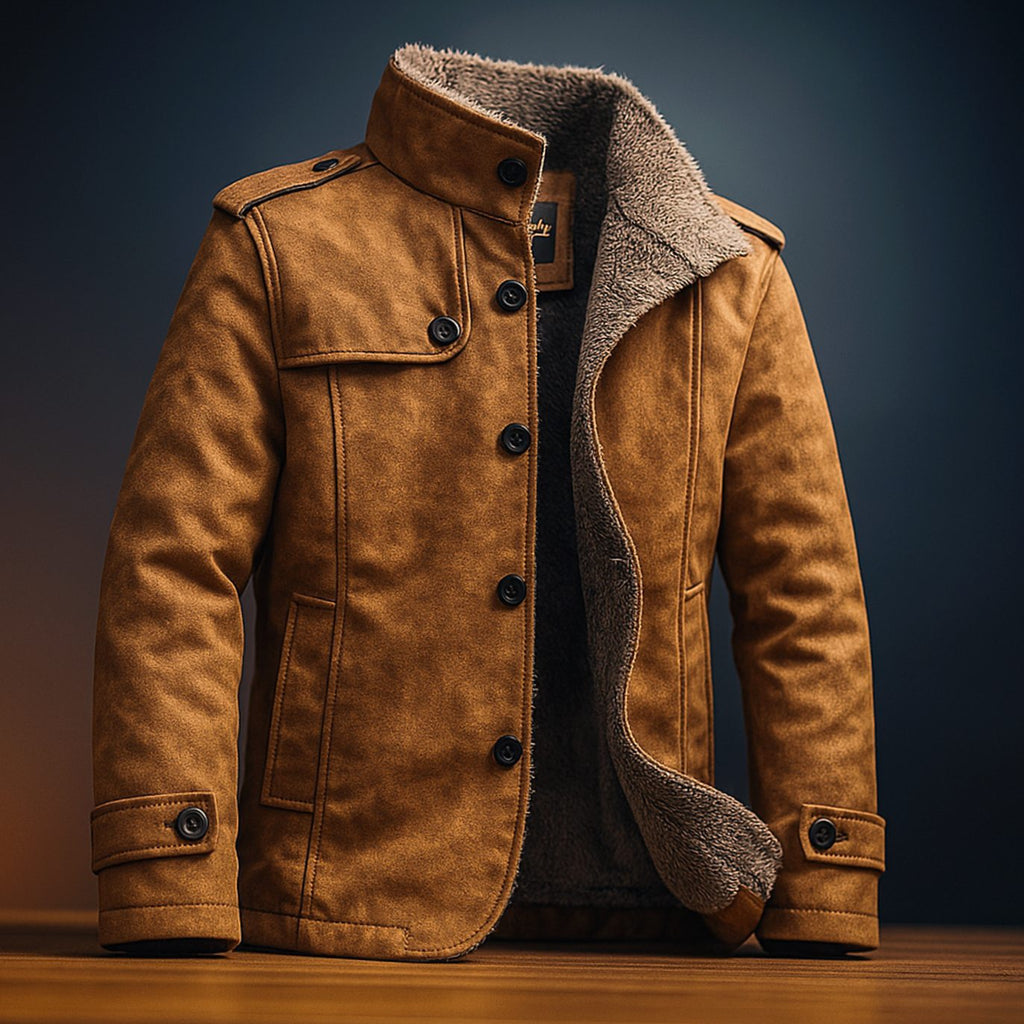 Men's Fleece-Lined Faux Suede Stand-Collar Button-Up Jacket
