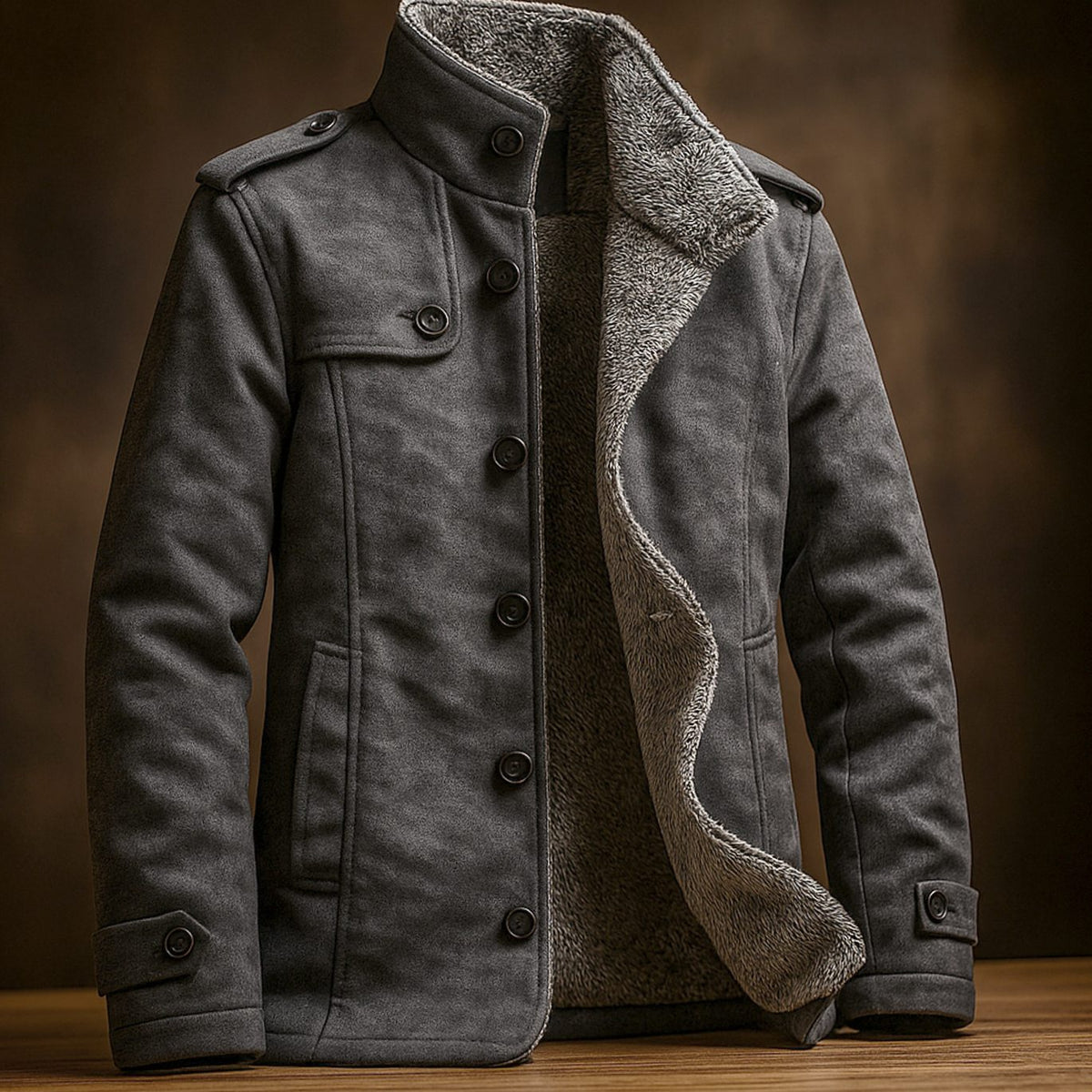 Men's Fleece-Lined Faux Suede Stand-Collar Button-Up Jacket