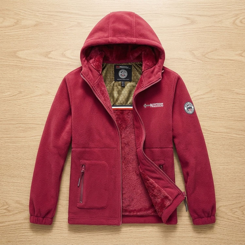 Men's Fleece-Lined Hooded Full-Zip Outdoor Jacket - Red