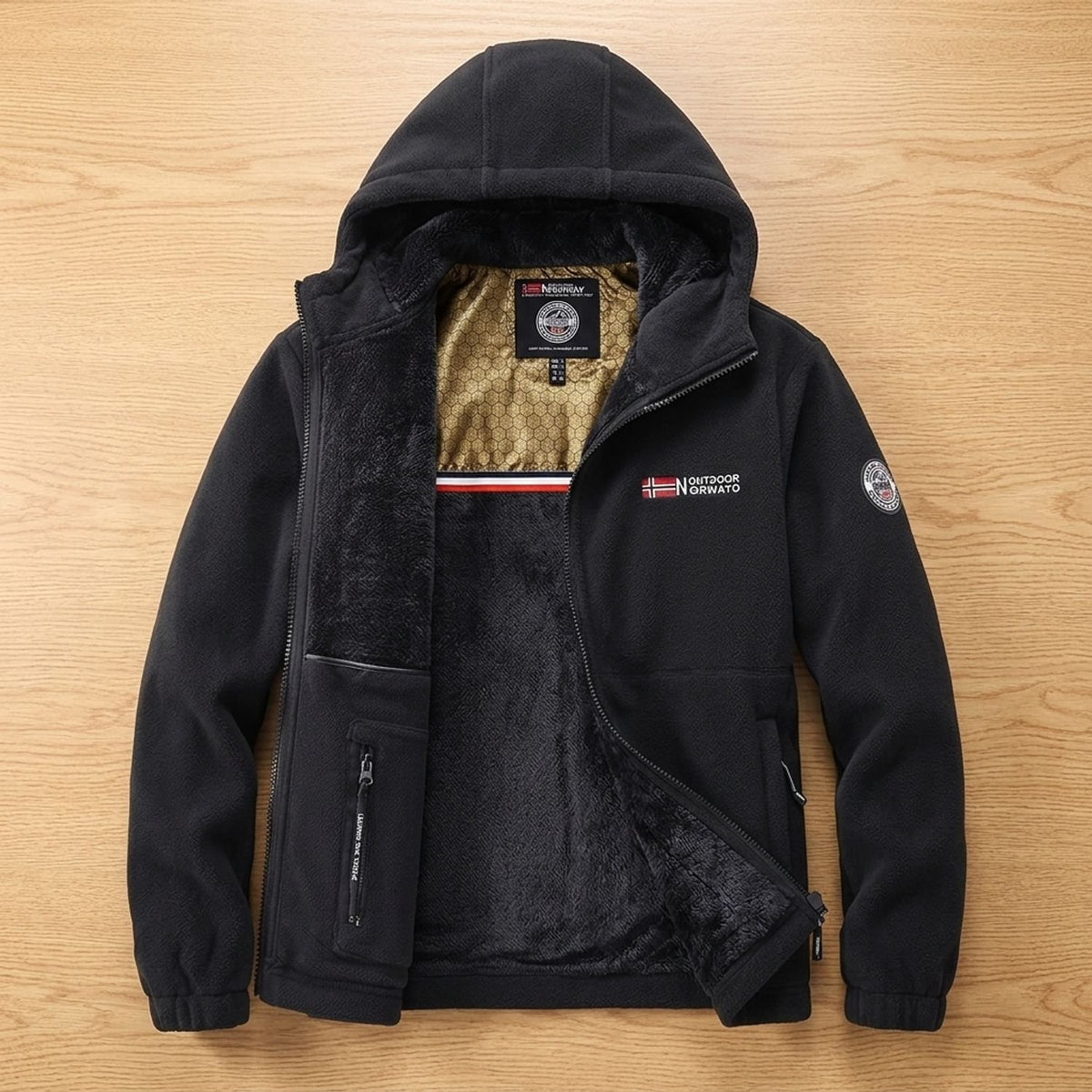 Men's Fleece-Lined Hooded Full-Zip Outdoor Jacket - Black