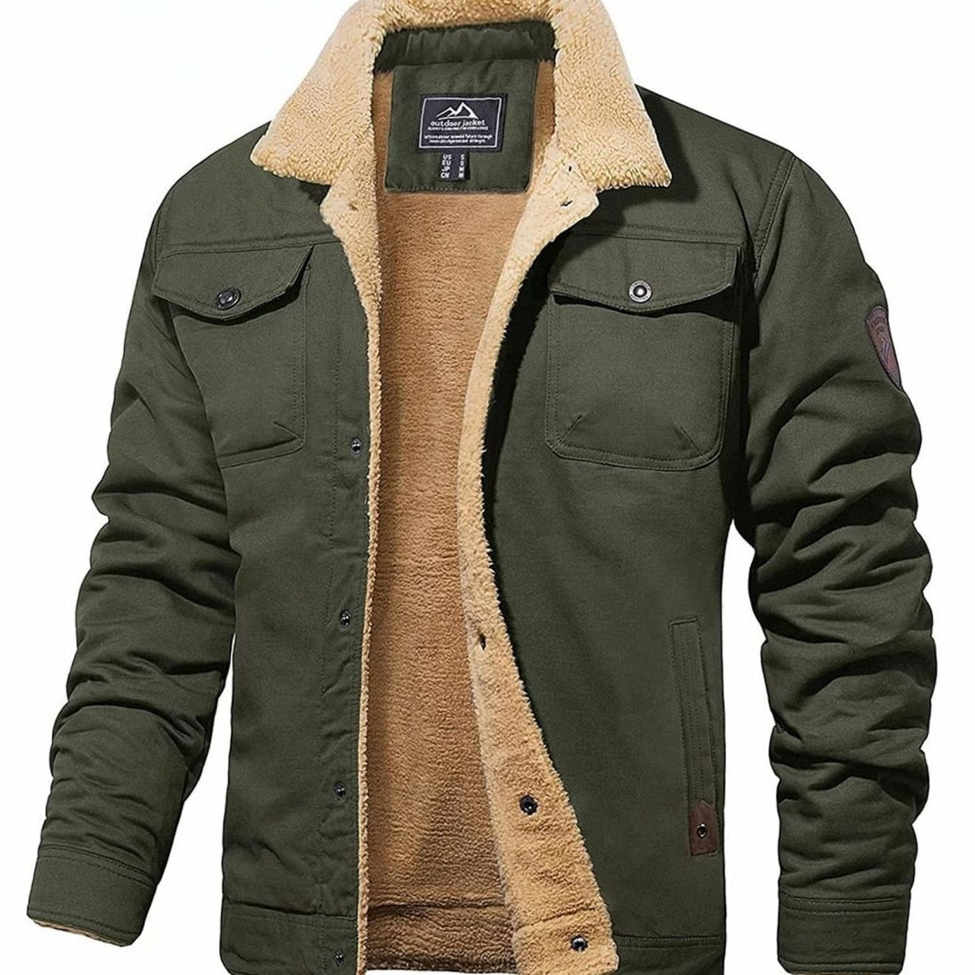 Men's Fleece-Lined Sherpa Collar Outdoor Casual Jacket - Army Green