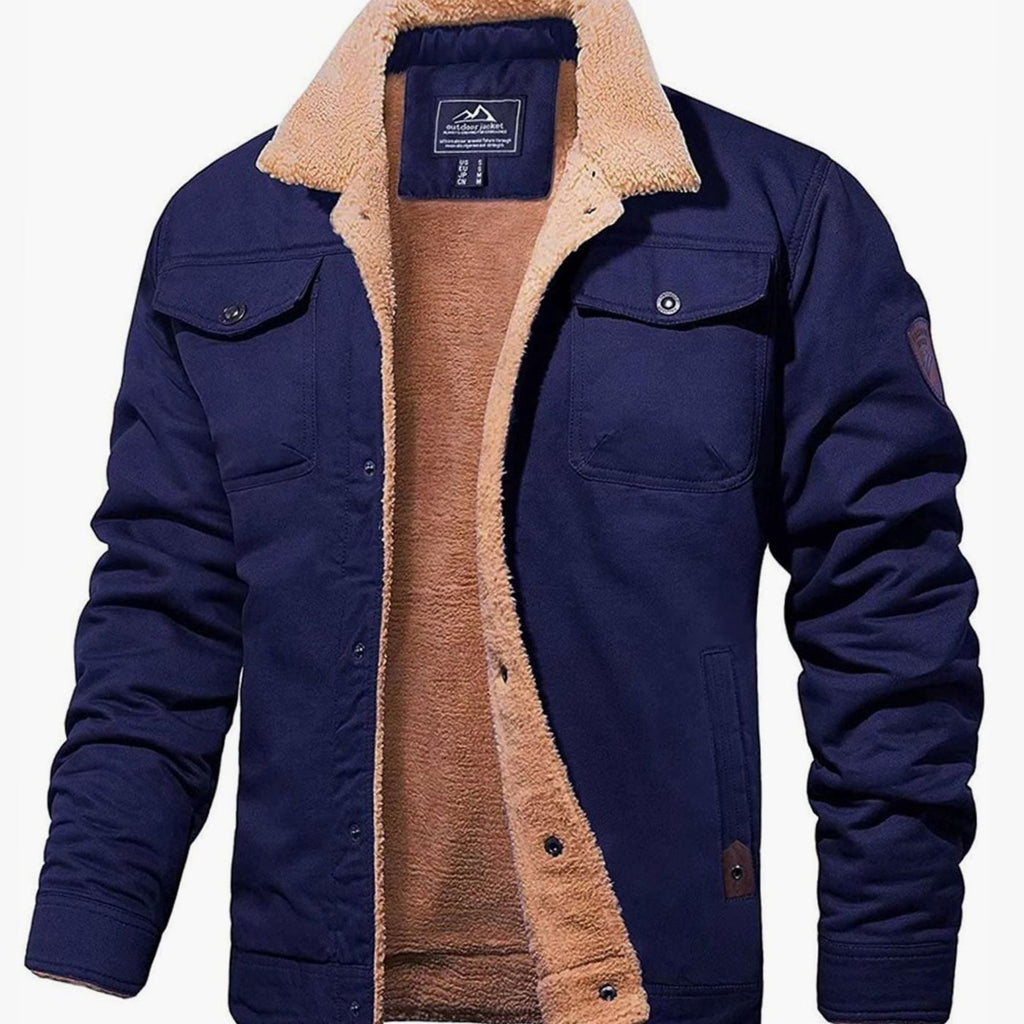 Men's Fleece-Lined Sherpa Collar Outdoor Casual Jacket - Navy Blue
