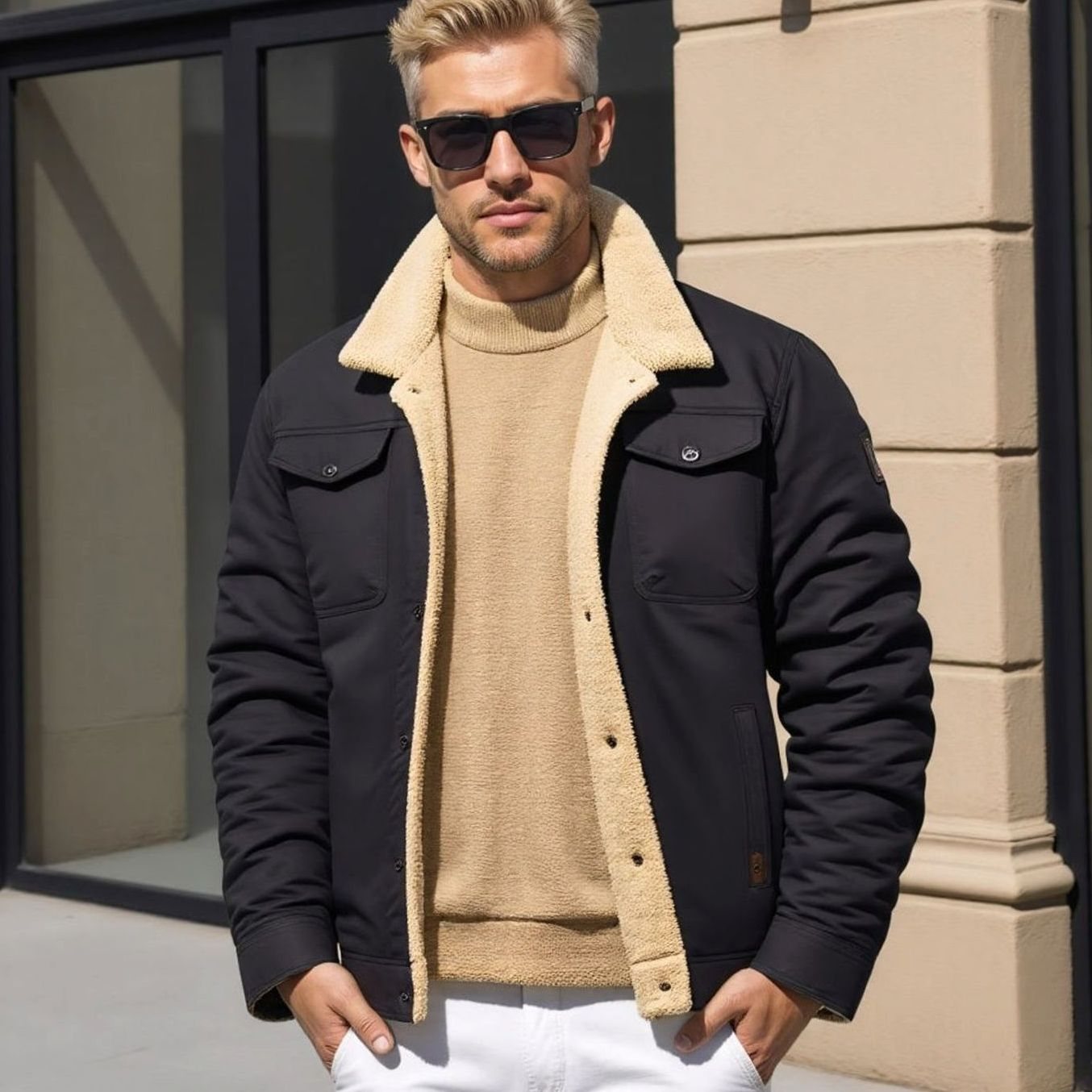 Men's Fleece-Lined Sherpa Collar Outdoor Casual Jacket