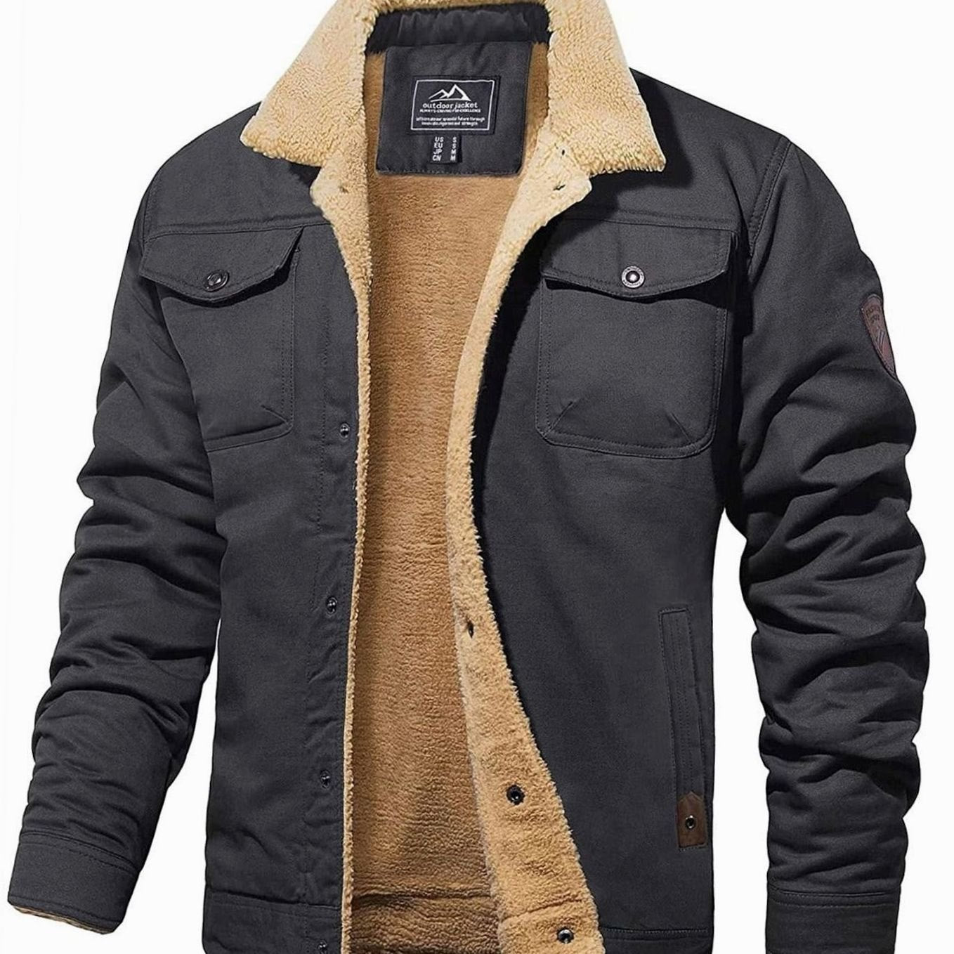 Men's Fleece-Lined Sherpa Collar Outdoor Casual Jacket - Dark Gray