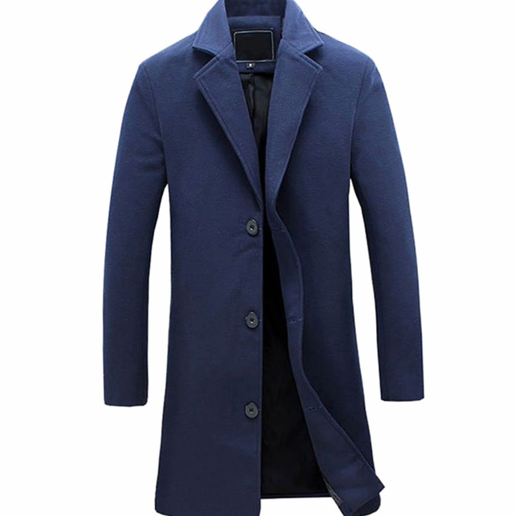 Men's Formal Wool-Blend Single-Breasted Long Overcoat - Navy Blue