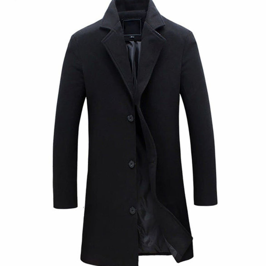 Men's Formal Wool-Blend Single-Breasted Long Overcoat - Black