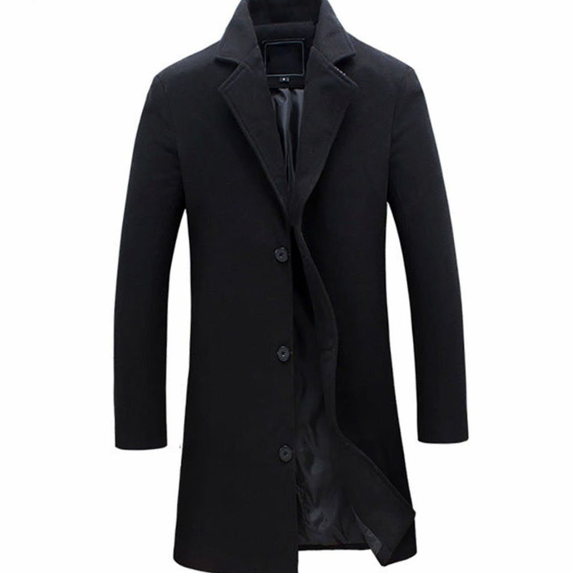 Men's Formal Wool-Blend Single-Breasted Long Overcoat - Black