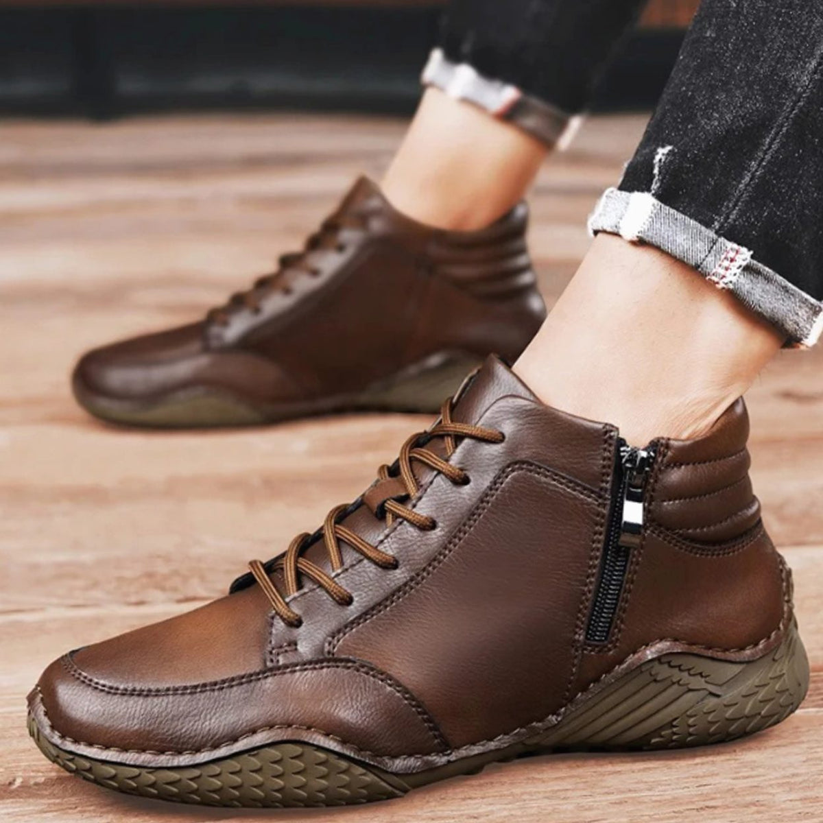 Men's Full-Grain Leather Lace-Up Side-Zip Ankle Boots