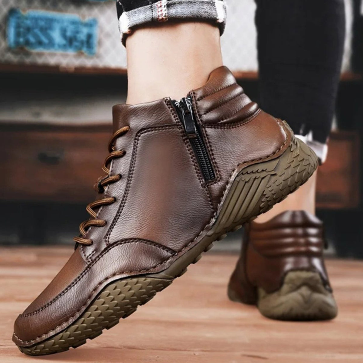 Men's Full-Grain Leather Lace-Up Side-Zip Ankle Boots