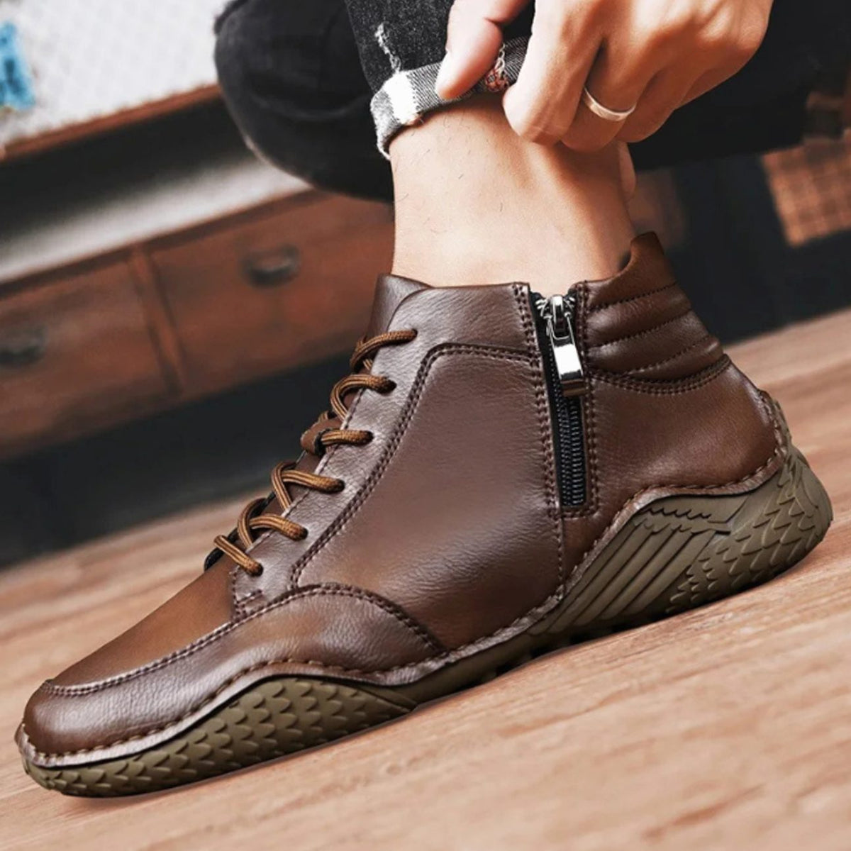 Men's Full-Grain Leather Lace-Up Side-Zip Ankle Boots