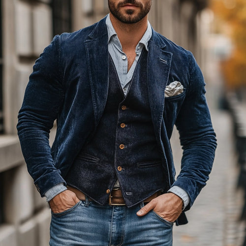 Mens Gilet Blazer Set Vintage Corduroy Button-Front Vest Jacket - Navy Blue
