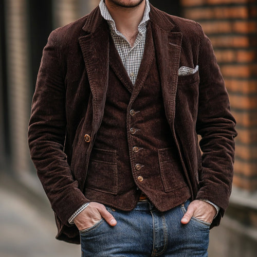 Mens Gilet Blazer Set Vintage Corduroy Button-Front Vest Jacket - Brown