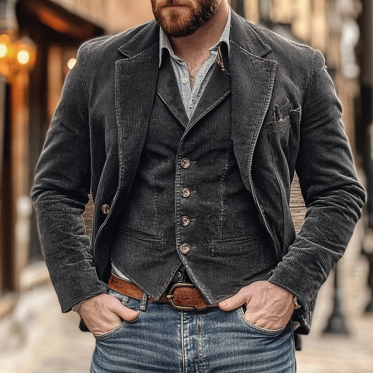 Mens Gilet Blazer Set Vintage Corduroy Button-Front Vest Jacket - Black