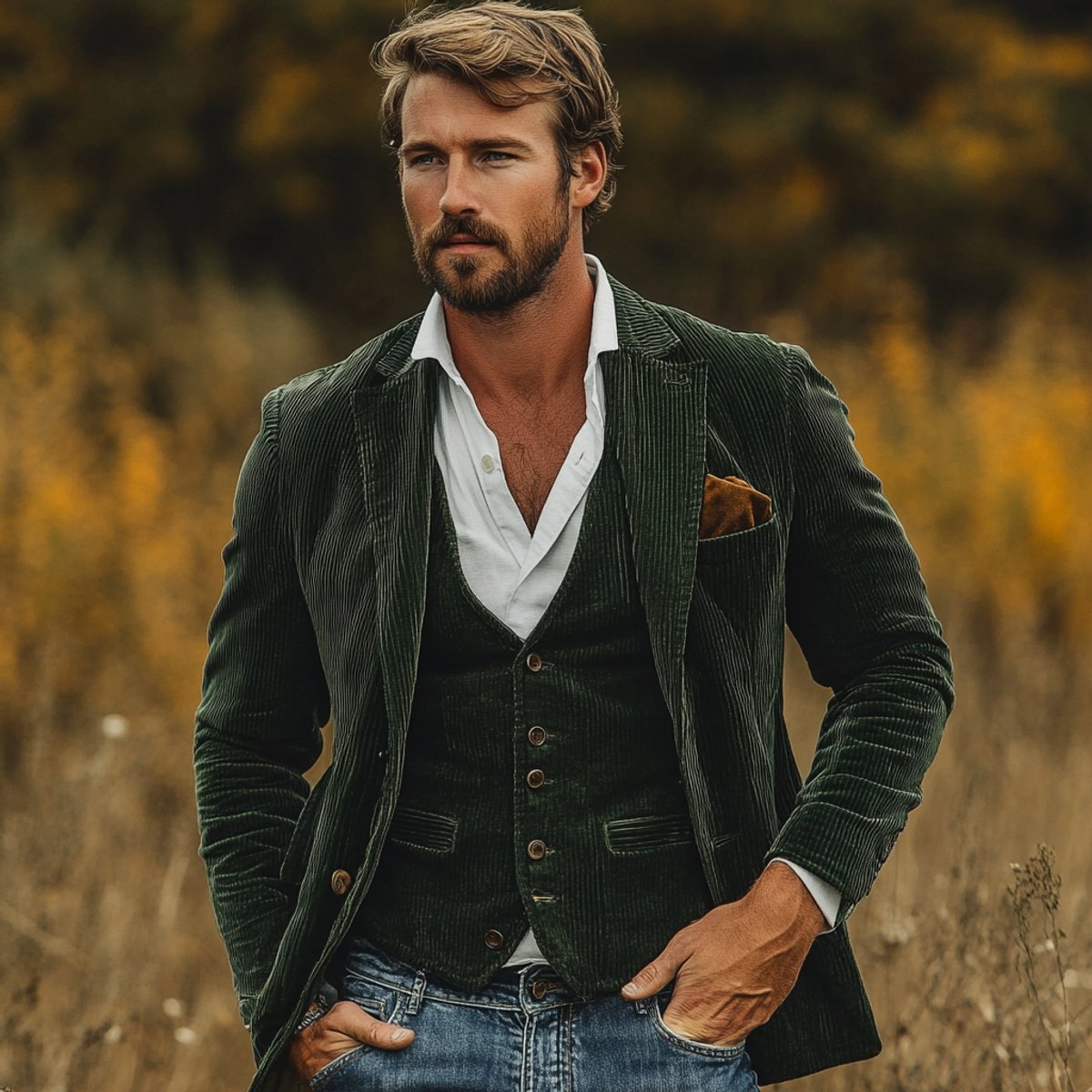 Mens Gilet Blazer Set Vintage Corduroy Button-Front Vest Jacket - Green