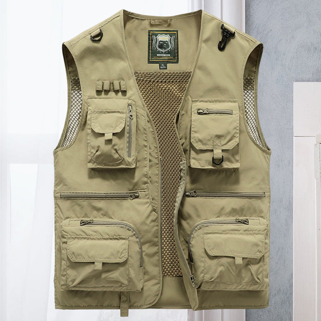 Mens Gilet Multi-Pocket Outdoor Fishing Vest - Khaki