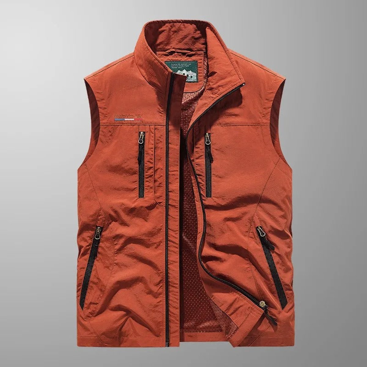 Mens Gilet Sleeveless Multi-Pocket Zip-Up Outdoor Vest - Red
